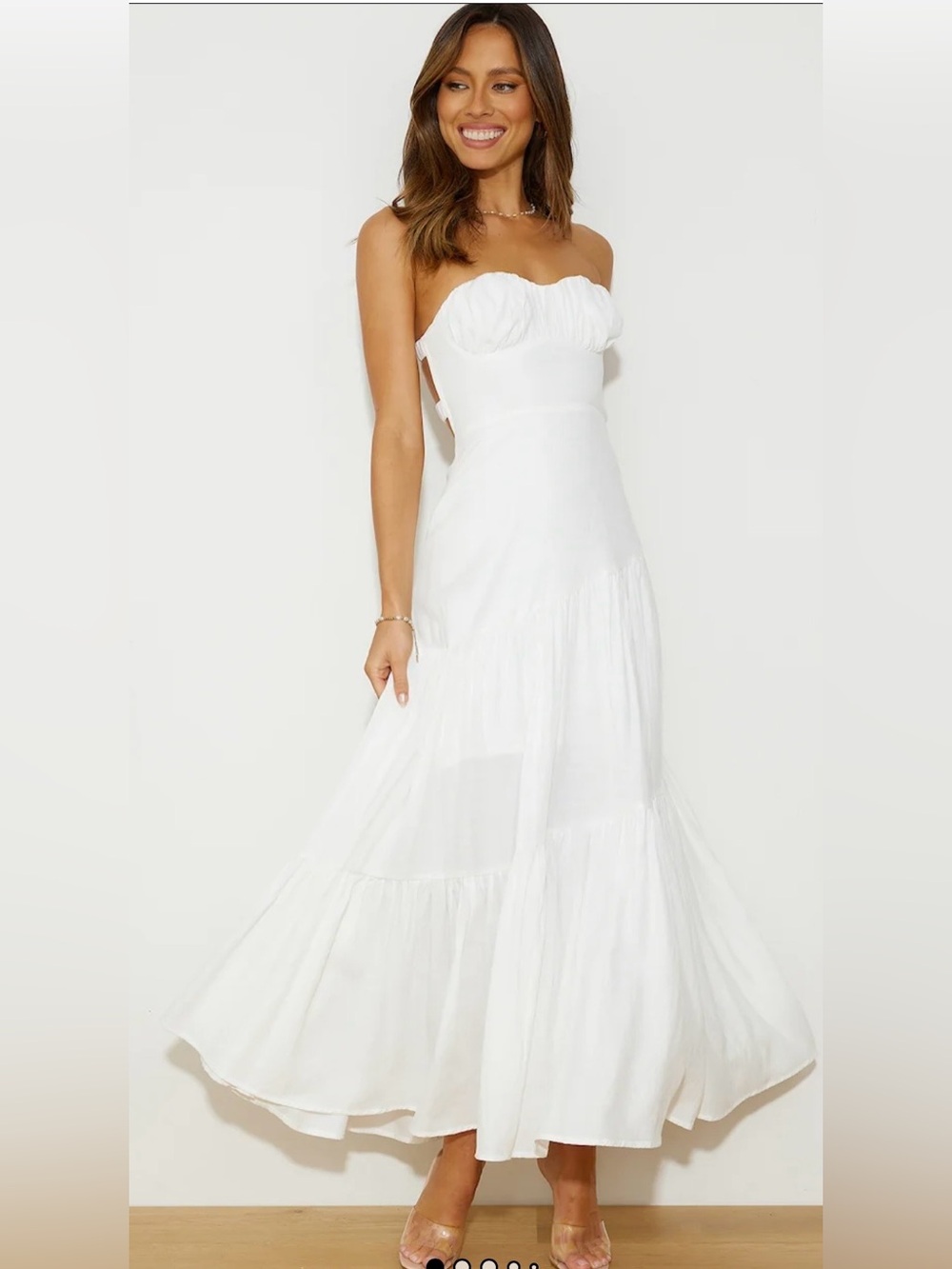 Strapless White Maxi Dress with Ruched Bodice